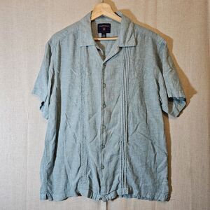 Saddlebred Green Linen Blend Shirt Pintuck Detail Bowling Shirt Large